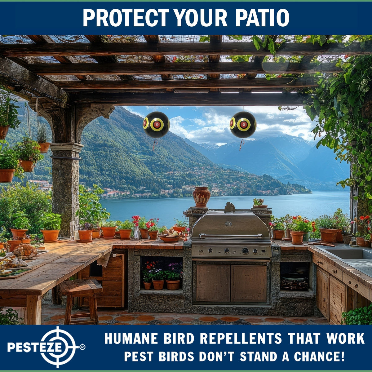 PESTEZE® USA Large 15" Black Bird Predator-Eye Balloon Decoy [3 Pack Black Color]  Deters Unwanted Pest Birds like Pigeons, Gulls, Geese & Critters from Pools & Yards Without Harming Them To Protect Property