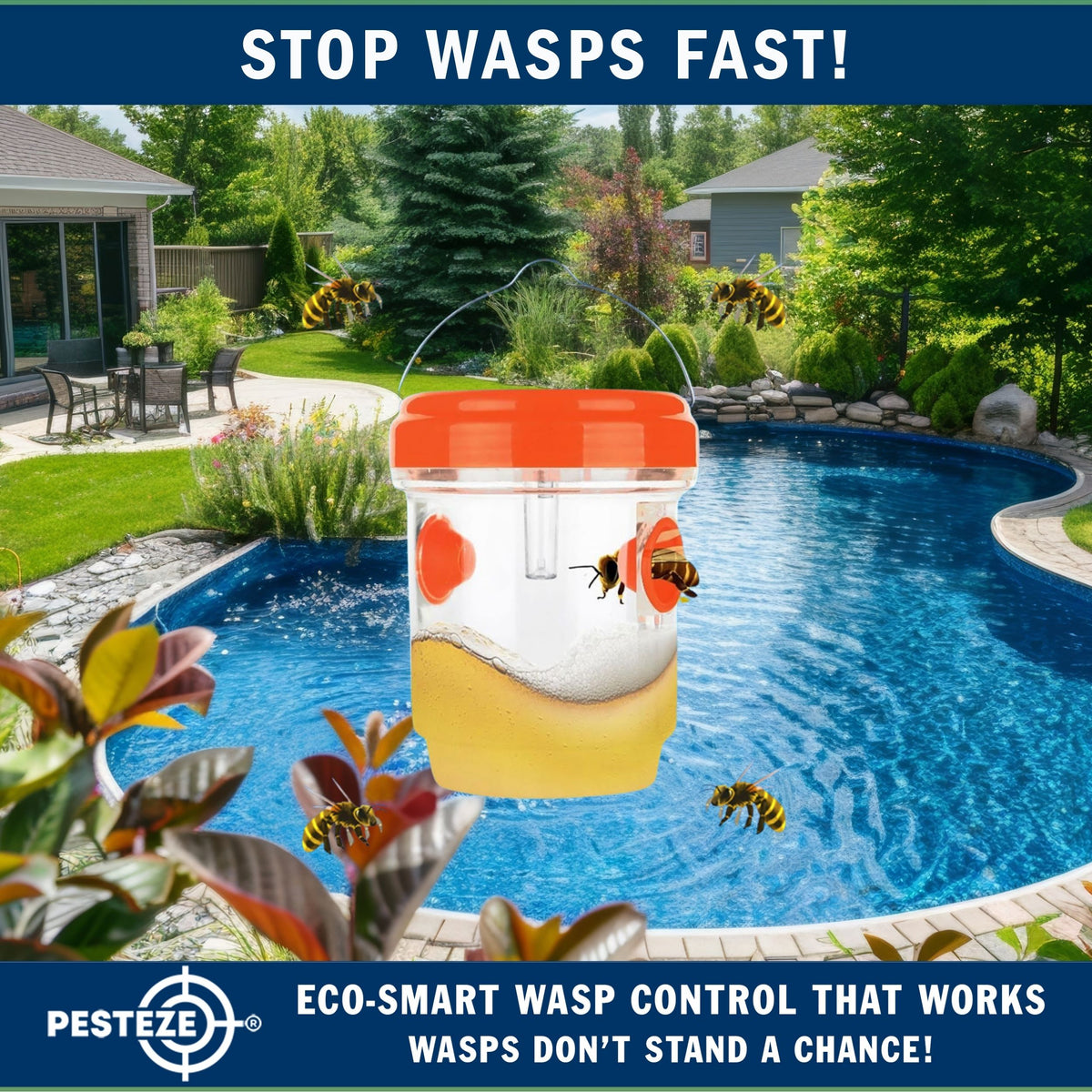 PESTEZE® USA Reusable Solar Hanging Wasp Trap with LED Light [Orange: 3.5 x 4.4 Inch] Attracts, & Kills Wasp, Hornet, Yellow Jacket & Insect Species 24/7 Without Harsh Chemicals Waterproof Outdoor Trap