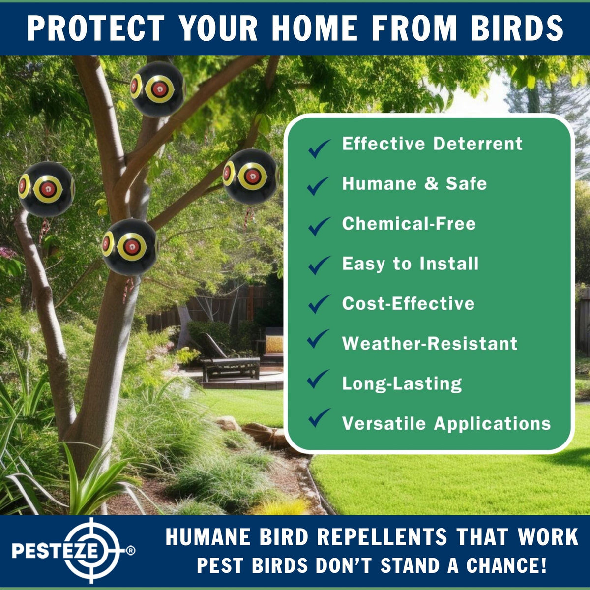 PESTEZE® USA Large 15" Black Bird Predator-Eye Balloon Decoy [3 Pack Black Color]  Deters Unwanted Pest Birds like Pigeons, Gulls, Geese & Critters from Pools & Yards Without Harming Them To Protect Property