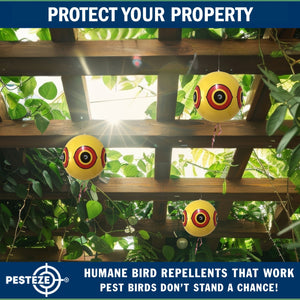 PESTEZE® Large 15" Yellow Bird Predator-Eye Balloon Repellant [4 Pack] Deters Unwanted Pest Birds like Pigeons, Gulls, Geese & Critters from Pools & Yards Without Harming Them To Protect Property
