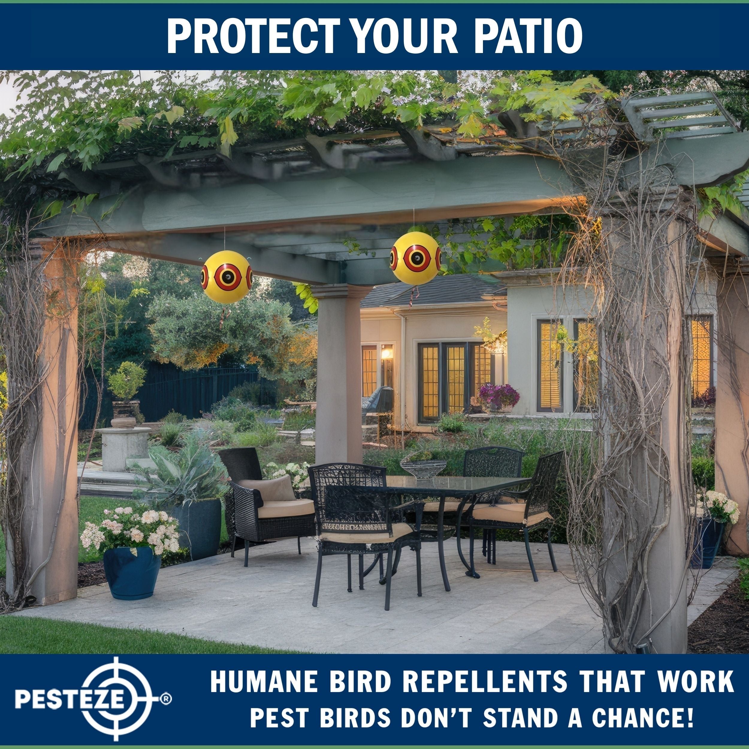 PESTEZE® USA Large 15" Yellow Bird Predator-Eye Balloon Decoy [3 Pack Yellow Color] Deters Unwanted Pest Birds like Pigeons, Gulls, Geese & Critters from Pools & Yards Without Harming Them To Protect
