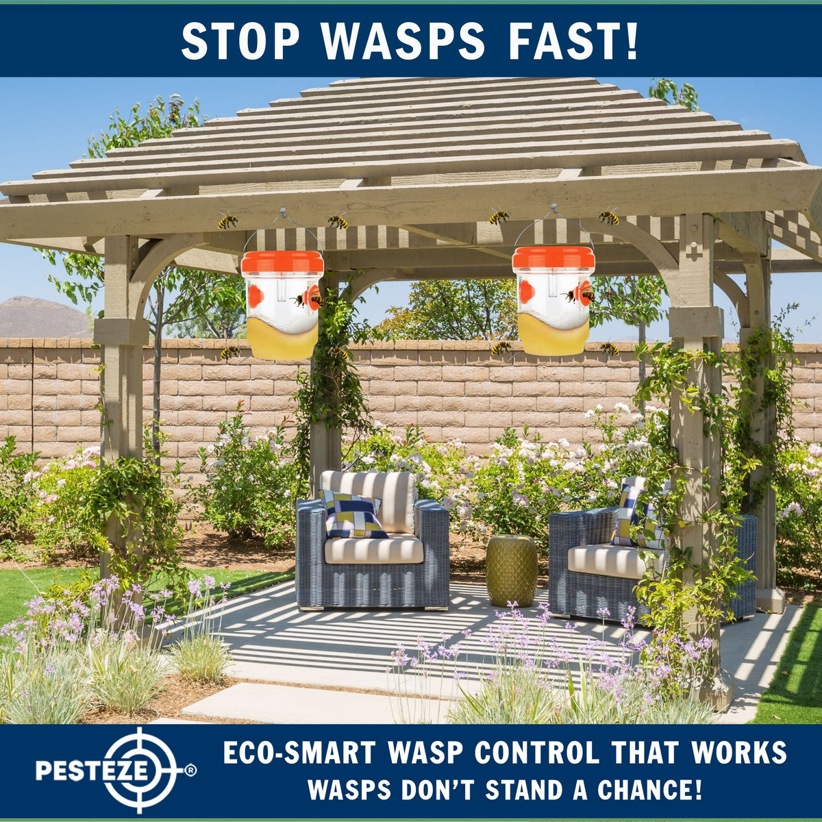 PESTEZE® USA Reusable Solar Hanging Wasp Trap with LED Light [Orange: 3.5 x 4.4 Inch] Attracts, & Kills Wasp, Hornet, Yellow Jacket & Insect Species 24/7 Without Harsh Chemicals Waterproof Outdoor Trap