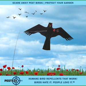 PESTEZE® Black Flying Hawk 46 x 26 Inch Kite Bird Deterrent with 13 ft Flagpole. Use in Yards & Farms to Protect Vegetables, Fruits, Crops & Property from Pest Birds & Critters without Harming them