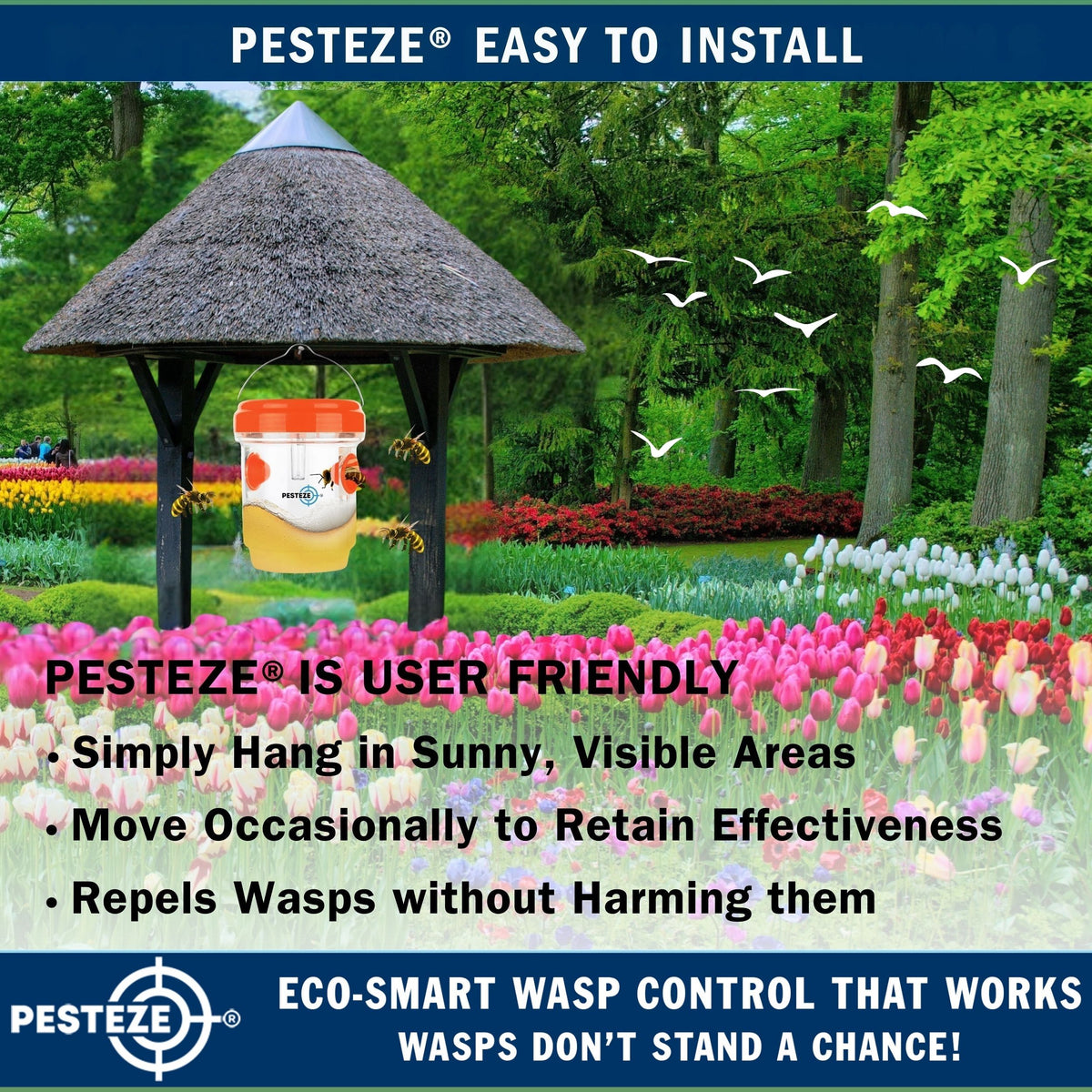 PESTEZE® USA Reusable Solar Hanging Wasp Trap with LED Light [Orange: 3.5 x 4.4 Inch] Attracts, & Kills Wasp, Hornet, Yellow Jacket & Insect Species 24/7 Without Harsh Chemicals Waterproof Outdoor Trap