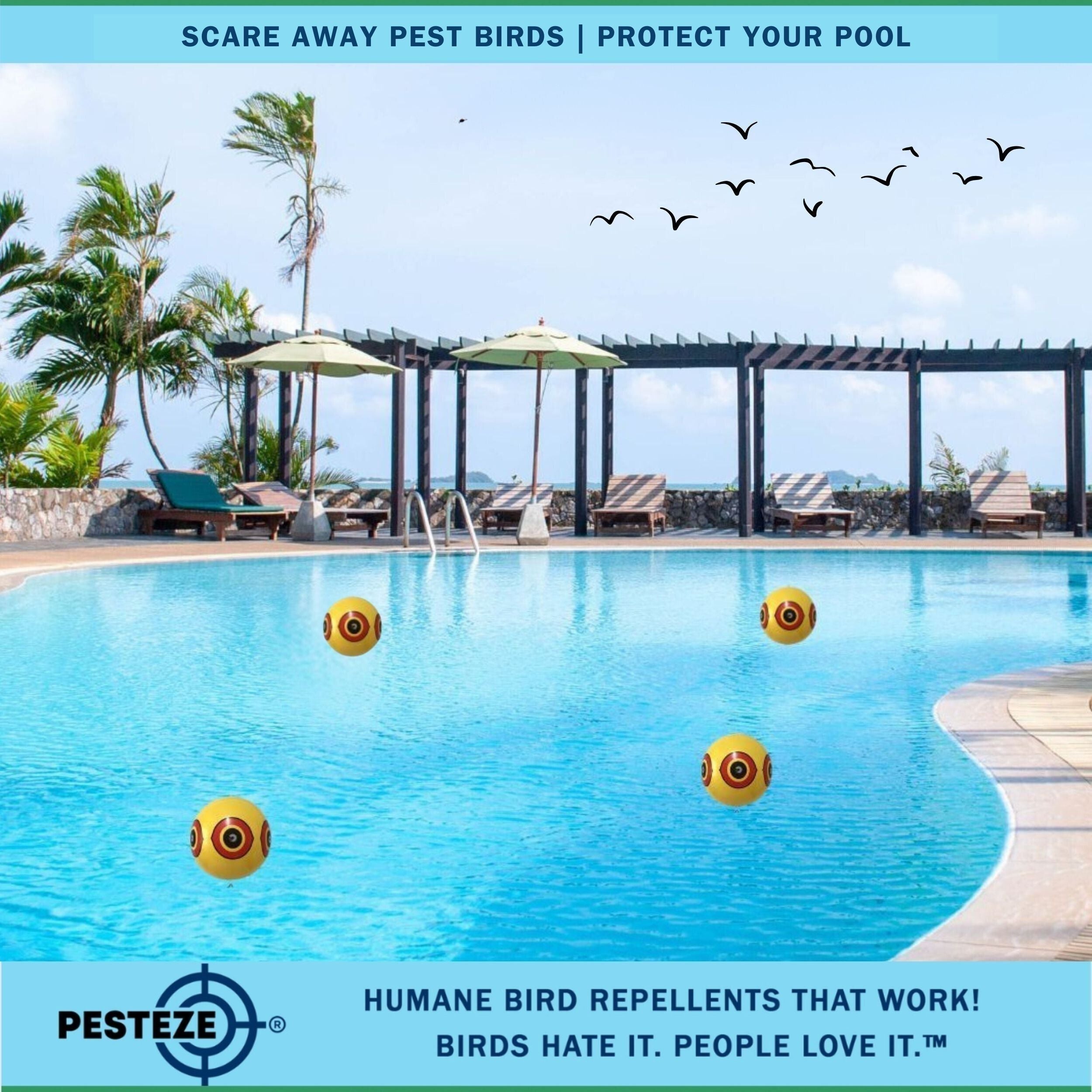 PESTEZE® USA Large 15" Yellow Bird Predator-Eye Balloon Decoy [2 Pack Yellow Color] Deters Unwanted Pest Birds like Pigeons, Gulls, Geese & Critters from Pools & Yards Without Harming Them To Protect