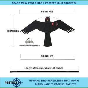 PESTEZE® Black Flying Hawk 46 x 26 Inch Kite Bird Deterrent with 13 ft Flagpole. Use in Yards & Farms to Protect Vegetables, Fruits, Crops & Property from Pest Birds & Critters without Harming them