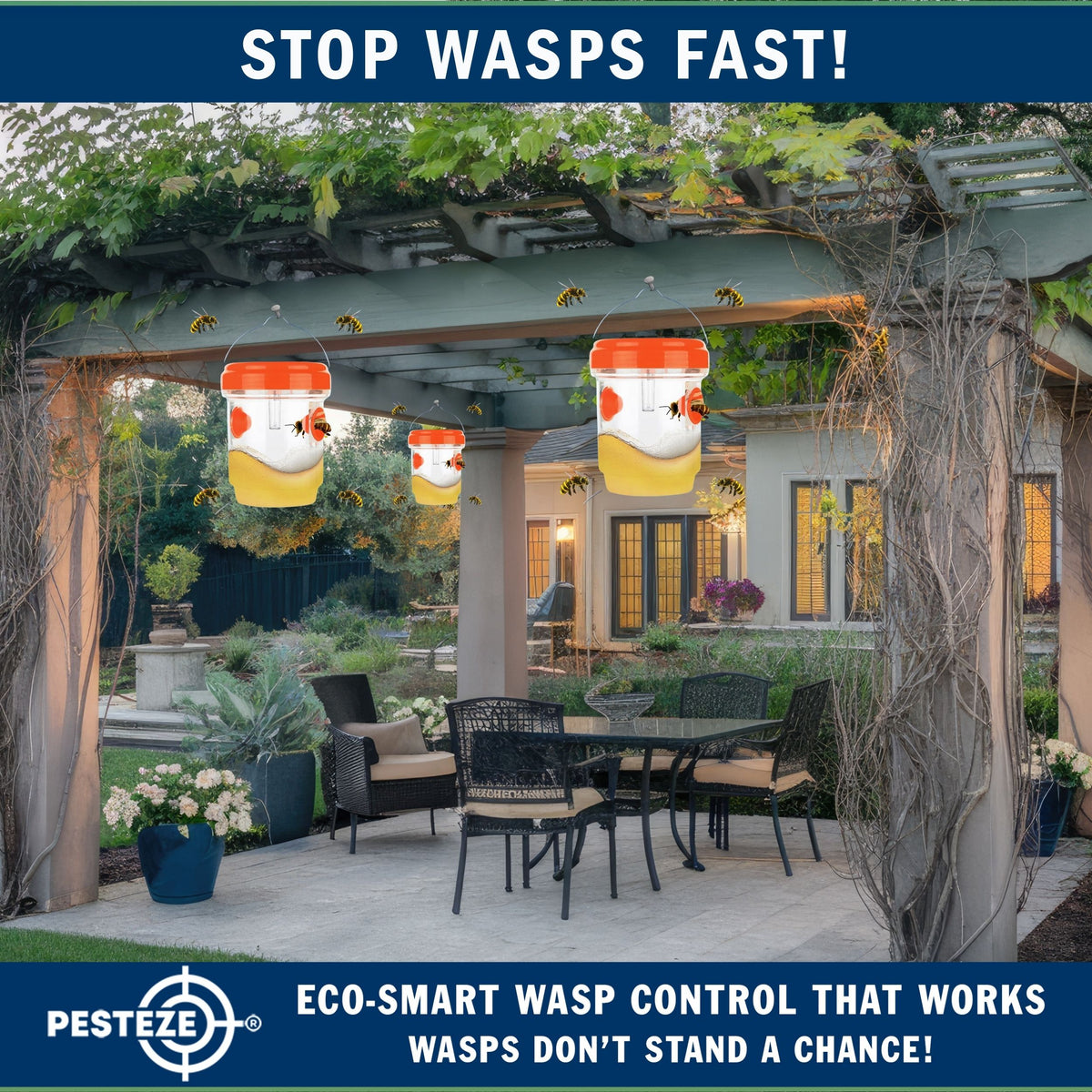 PESTEZE® USA Reusable Solar Hanging Wasp Trap with LED Light [Orange: 3.5 x 4.4 Inch] Attracts, & Kills Wasp, Hornet, Yellow Jacket & Insect Species 24/7 Without Harsh Chemicals Waterproof Outdoor Trap
