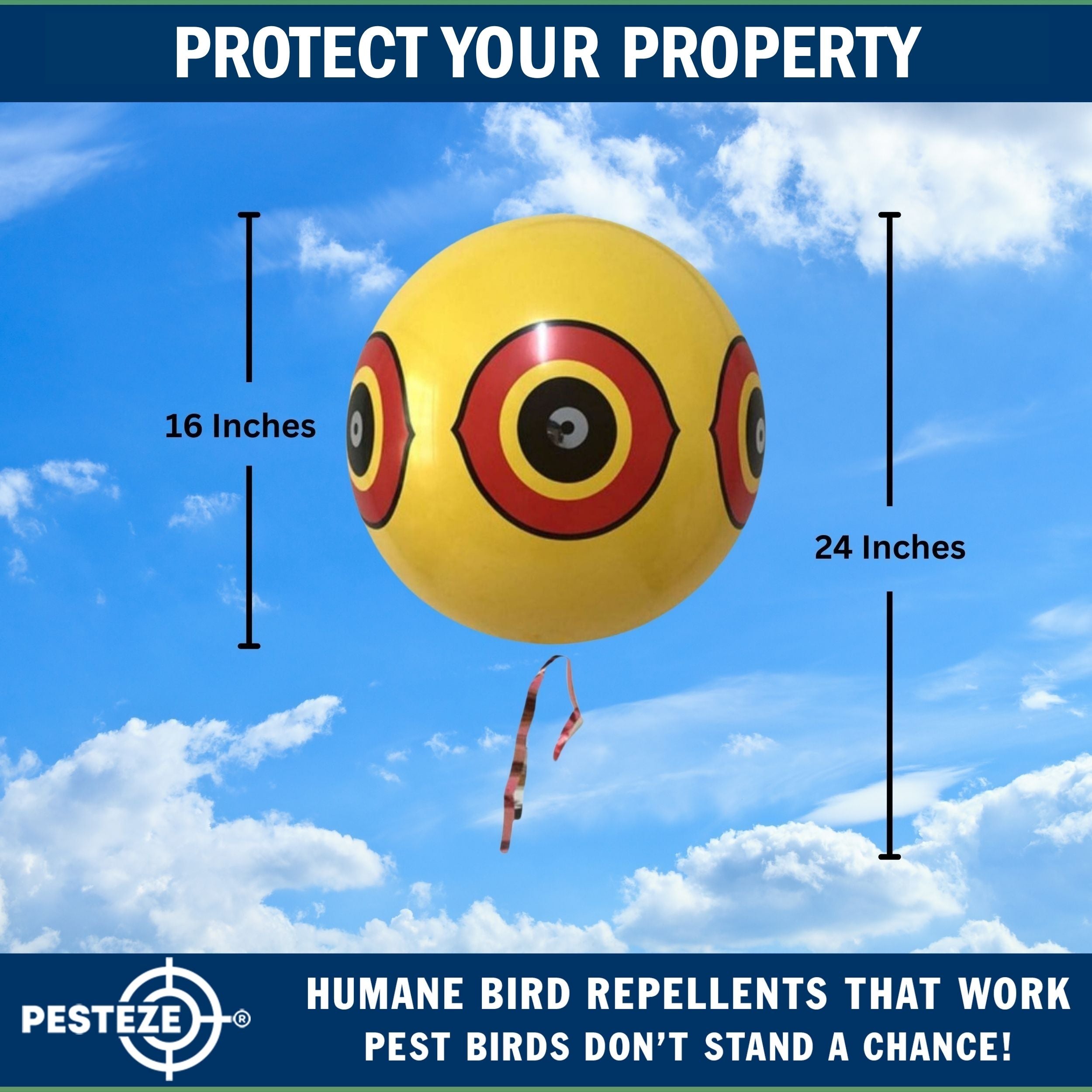 PESTEZE® Large 15" Yellow, Red, White & Black Bird Predator-Eye Balloon Deterrents [4 Pack Multi-Color] Repels Unwanted Pest Birds like Pigeons, Gulls, Geese & Critters from Pools & Yards Without Harming Them To Protect Property