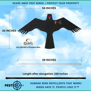 PESTEZE® Black Flying Hawk 46 x 26 Inch Kite Bird Deterrent with 13 ft Flagpole. Use in Yards & Farms to Protect Vegetables, Fruits, Crops & Property from Pest Birds & Critters without Harming them