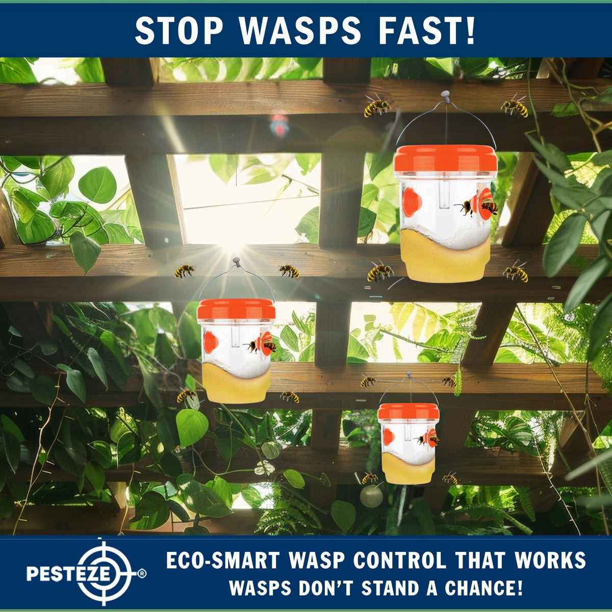 PESTEZE® USA Reusable Solar Hanging Wasp Trap with LED Light [Orange: 3.5 x 4.4 Inch] Attracts, & Kills Wasp, Hornet, Yellow Jacket & Insect Species 24/7 Without Harsh Chemicals Waterproof Outdoor Trap