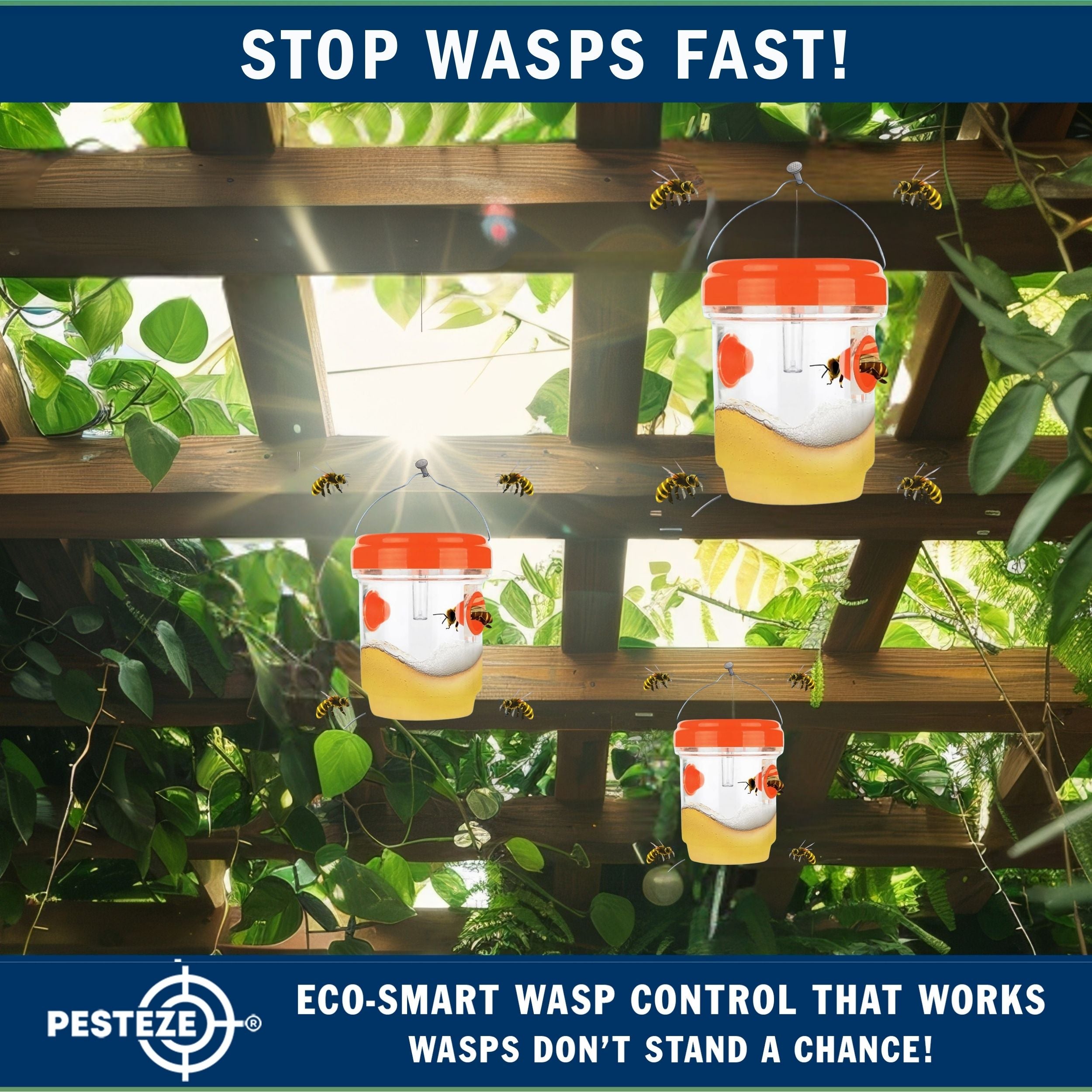 2 Pack PESTEZE® Reusable Solar Hanging Wasp Trap with LED Light [Orange: 3.5 X 4.4 Inch] Attracts, Catches & Kills Wasp, Hornet, Yellow Jacket & Insect Species 24/7 without Harsh Chemicals. Waterproof