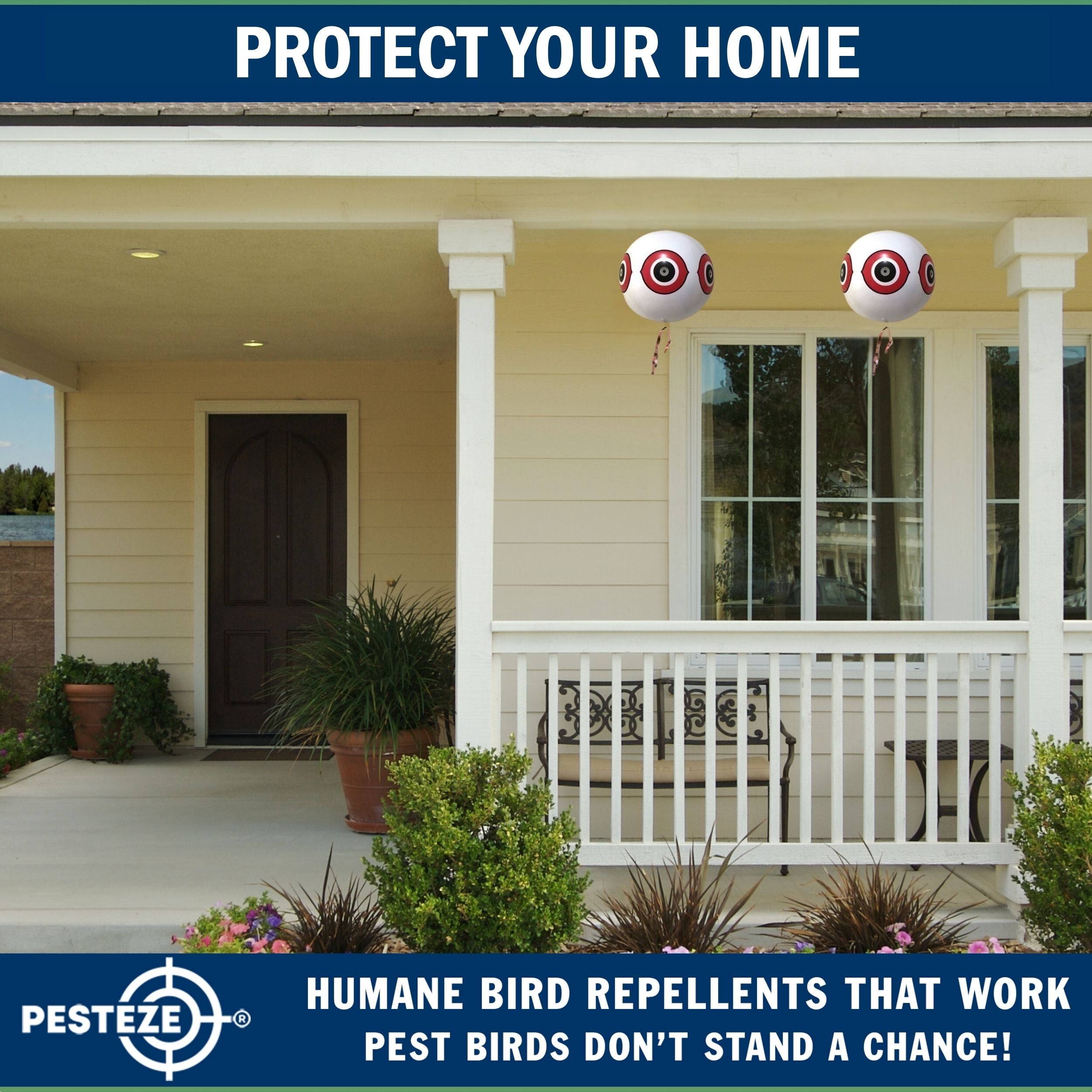PESTEZE® USA Large 15" White Bird Predator-Eye Balloon Decoy [2 Pack White Color] Deters Unwanted Pest Birds like Pigeons, Gulls, Geese & Critters from Pools & Yards Without Harming Them To Protect Property