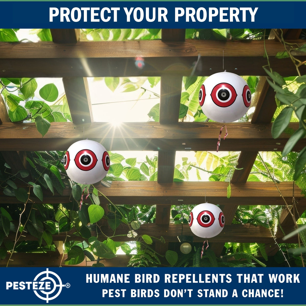 PESTEZE® USA Large 15" White Bird Predator-Eye Balloon Decoy [3 Pack White Color] Deters Unwanted Pest Birds like Pigeons, Gulls, Geese & Critters from Pools & Yards Without Harming Them To Protect Property