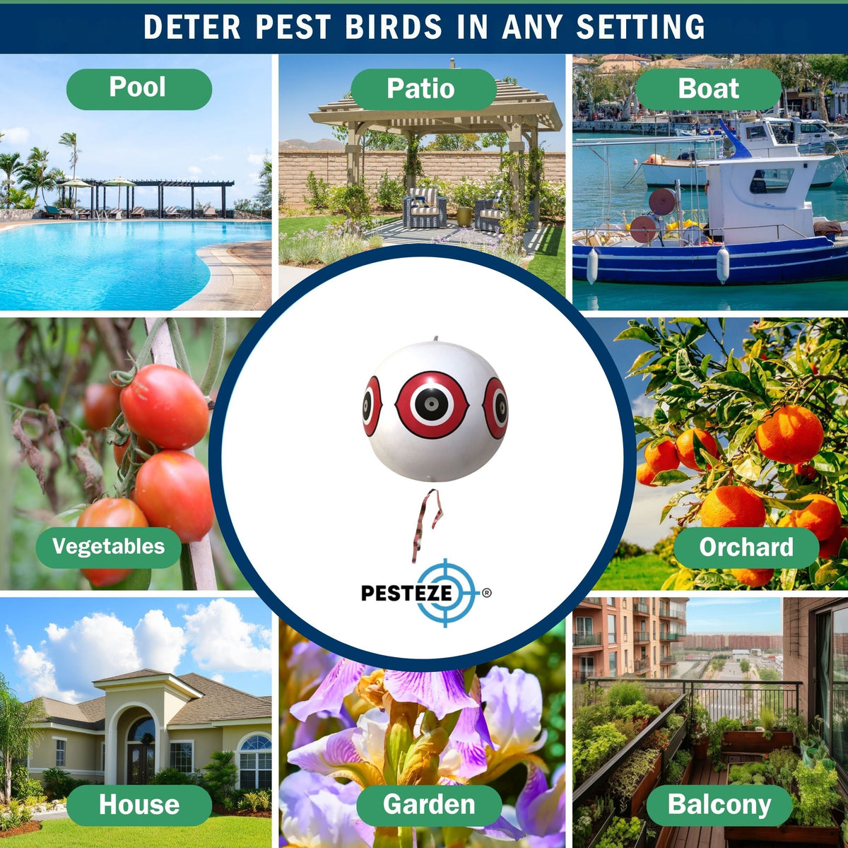 PESTEZE® USA Large 15" White Bird Predator-Eye Balloon Decoy [3 Pack White Color] Deters Unwanted Pest Birds like Pigeons, Gulls, Geese & Critters from Pools & Yards Without Harming Them To Protect Property