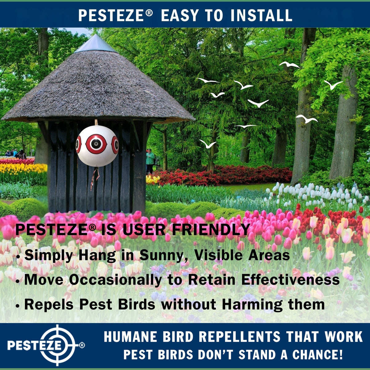 PESTEZE® USA Large 15" White Bird Predator-Eye Balloon Decoy [3 Pack White Color] Deters Unwanted Pest Birds like Pigeons, Gulls, Geese & Critters from Pools & Yards Without Harming Them To Protect Property