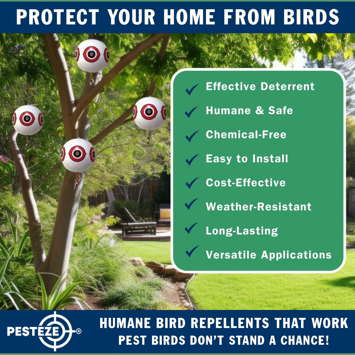 PESTEZE® USA Large 15" White Bird Predator-Eye Balloon Decoy [3 Pack White Color] Deters Unwanted Pest Birds like Pigeons, Gulls, Geese & Critters from Pools & Yards Without Harming Them To Protect Property