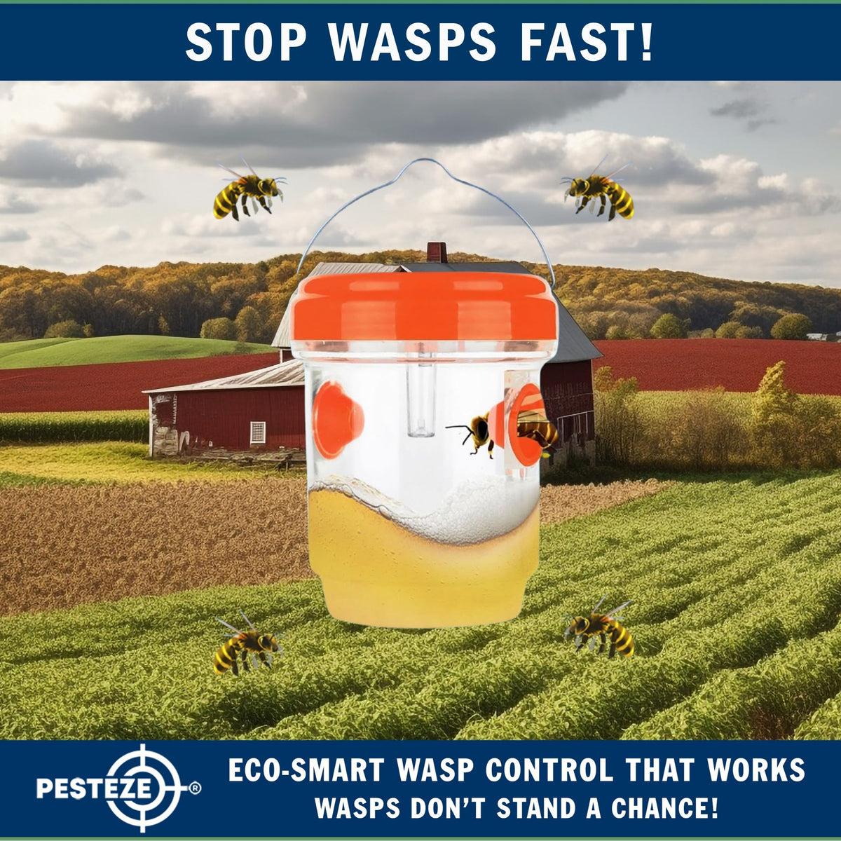PESTEZE® USA Reusable Solar Hanging Wasp Trap with LED Light [Orange: 3.5 x 4.4 Inch] Attracts, & Kills Wasp, Hornet, Yellow Jacket & Insect Species 24/7 Without Harsh Chemicals Waterproof Outdoor Trap