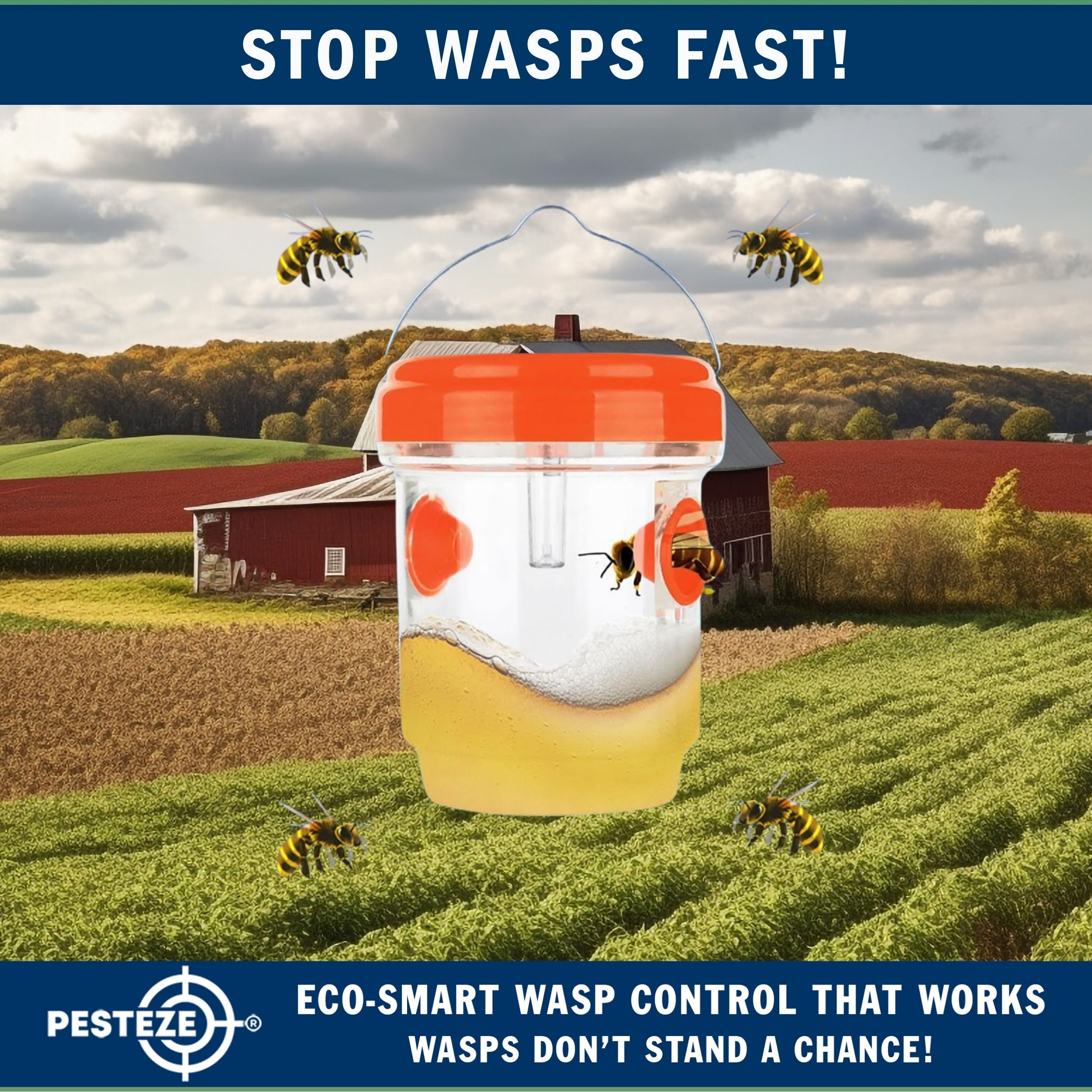 2 Pack PESTEZE® Reusable Solar Hanging Wasp Trap with LED Light [Orange: 3.5 X 4.4 Inch] Attracts, Catches & Kills Wasp, Hornet, Yellow Jacket & Insect Species 24/7 without Harsh Chemicals. Waterproof