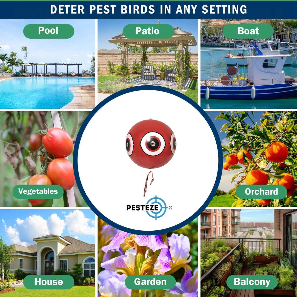PESTEZE® USA Large 15" Red Bird Predator-Eye Balloon Deterrent [2 Pack Red Color] Predators Unwanted Pest Birds like Pigeons, Gulls, Geese & Critters from Pools & Yards without Harming them to Protect
