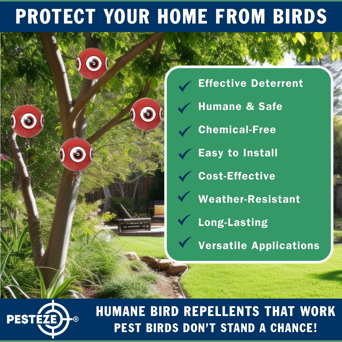 PESTEZE® USA Large 15" Red Bird Predator-Eye Balloon Deterrent [2 Pack Red Color] Predators Unwanted Pest Birds like Pigeons, Gulls, Geese & Critters from Pools & Yards without Harming them to Protect