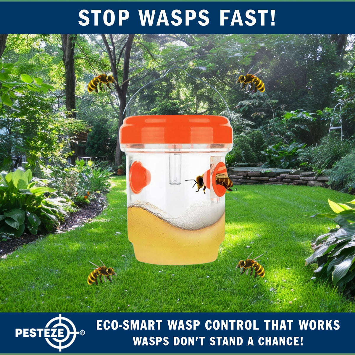 PESTEZE® USA Reusable Solar Hanging Wasp Trap with LED Light [Orange: 3.5 x 4.4 Inch] Attracts, & Kills Wasp, Hornet, Yellow Jacket & Insect Species 24/7 Without Harsh Chemicals Waterproof Outdoor Trap