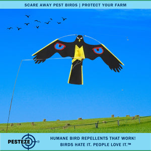 PESTEZE® Black Flying Hawk 46 x 26 Inch Kite with Scare Eyes & 13 ft Flagpole to Deter Birds. Use in Yards & Farms to Protect Vegetables, Fruits, Crops & Property from Pest Birds & Critters without Harming them