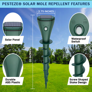 2 Pack PESTEZE® Reusable Solar Mole, Snake, Gopher, Vole, Chipmunk, Groundhog & Woodchuck Repeller. Vibration Quietly & Humanely Deters Burrowing Rodents from Destroying Yard. Waterproof & EZ Install