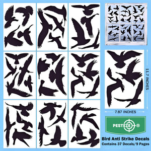 PESTEZE® Black Hummingbirds Anti Strike Static Cling Decals for Windows to Prevent Wild Bird Collisions [37 Decals/9 Pages] Bird Alert Window Decals Save Birds from Window Strikes & Help them Soar