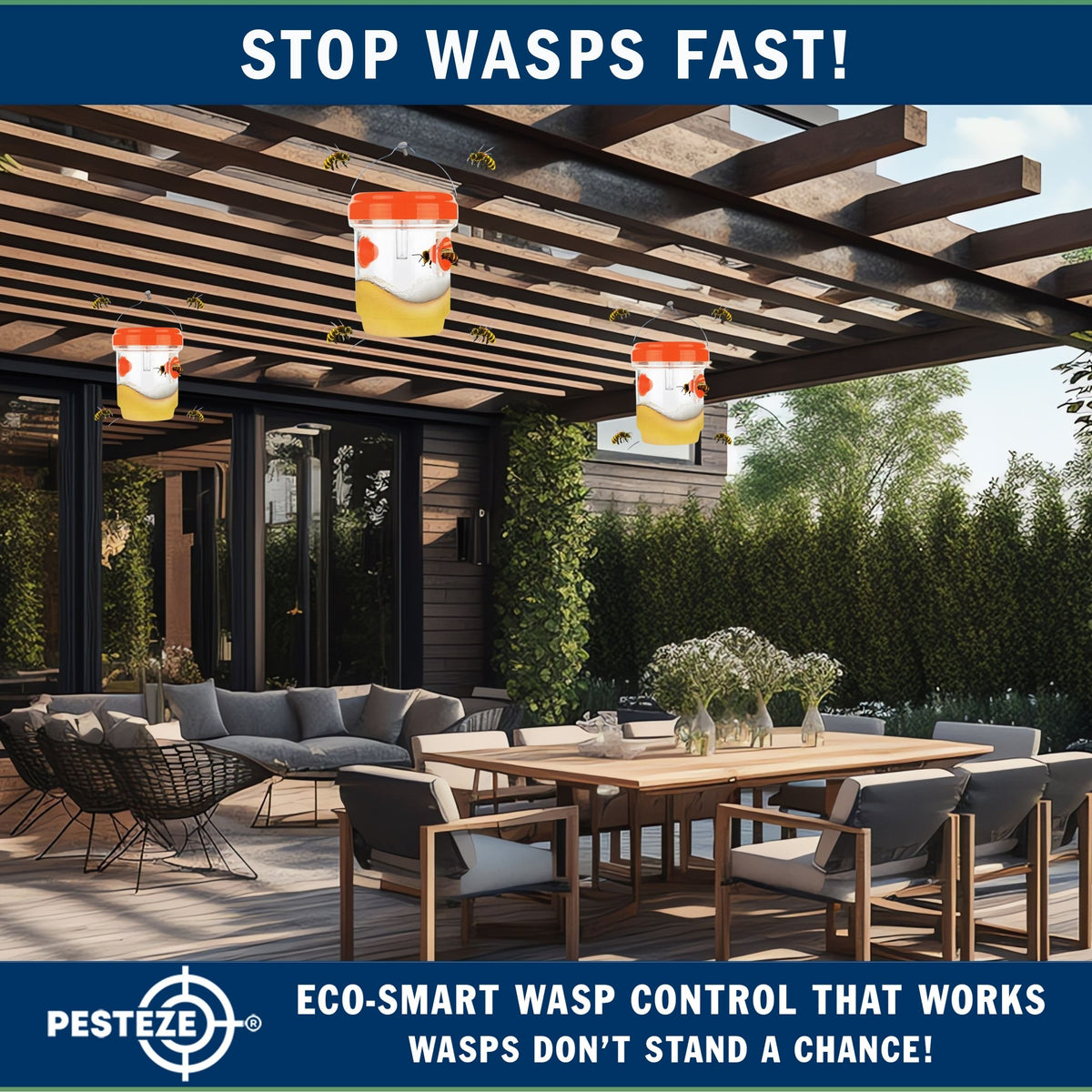 PESTEZE® USA Reusable Solar Hanging Wasp Trap with LED Light [Orange: 3.5 x 4.4 Inch] Attracts, & Kills Wasp, Hornet, Yellow Jacket & Insect Species 24/7 Without Harsh Chemicals Waterproof Outdoor Trap