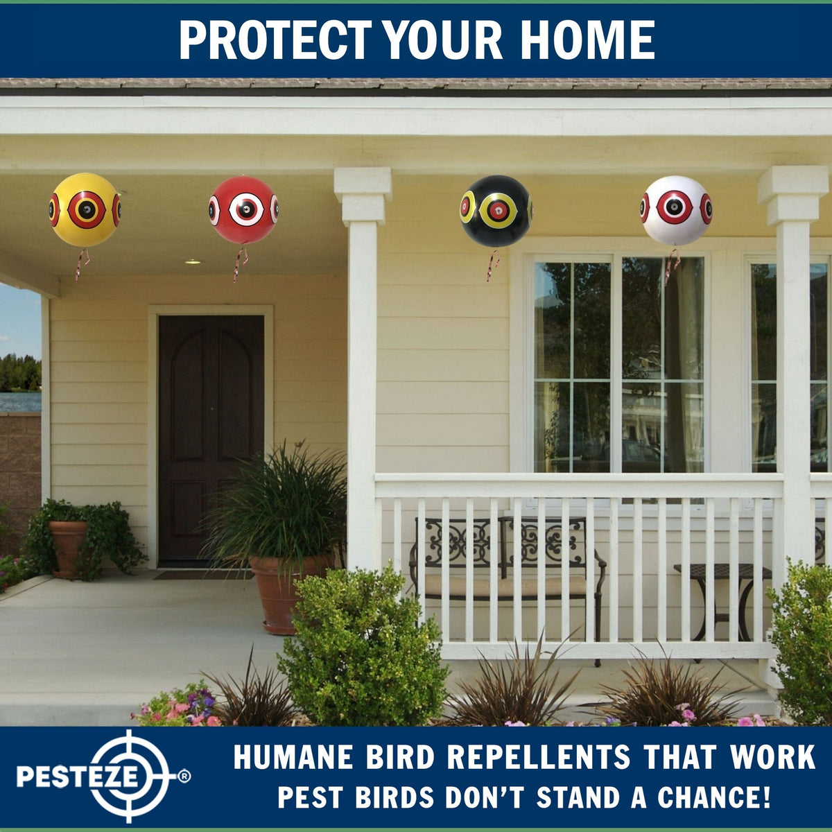 PESTEZE® USA Large 15" Yellow & Red, Bird Predator-Eye Balloon Repellents [2 Pack Multi-Color] Deters Unwanted Pest Birds like Ducks Pigeons, Gulls, Geese & Critters from Pools & Yards Without Harming Them To Protect Property