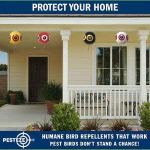 PESTEZE® Large 15" Yellow & Red, Bird Scare-Eye Balloon Repellents [2 Pack Multi-Color] Deters Unwanted Pest Birds like Ducks Pigeons, Gulls, Geese & Critters from Pools & Yards Without Harming Them To Protect Property