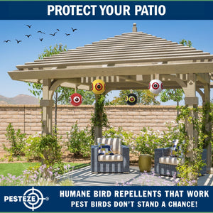 PESTEZE® Large 15" Yellow & Red, Bird Scare-Eye Balloon Repellents [2 Pack Multi-Color] Deters Unwanted Pest Birds like Ducks Pigeons, Gulls, Geese & Critters from Pools & Yards Without Harming Them To Protect Property
