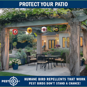 PESTEZE® Large 15" Yellow & Red, Bird Scare-Eye Balloon Repellents [2 Pack Multi-Color] Deters Unwanted Pest Birds like Ducks Pigeons, Gulls, Geese & Critters from Pools & Yards Without Harming Them To Protect Property