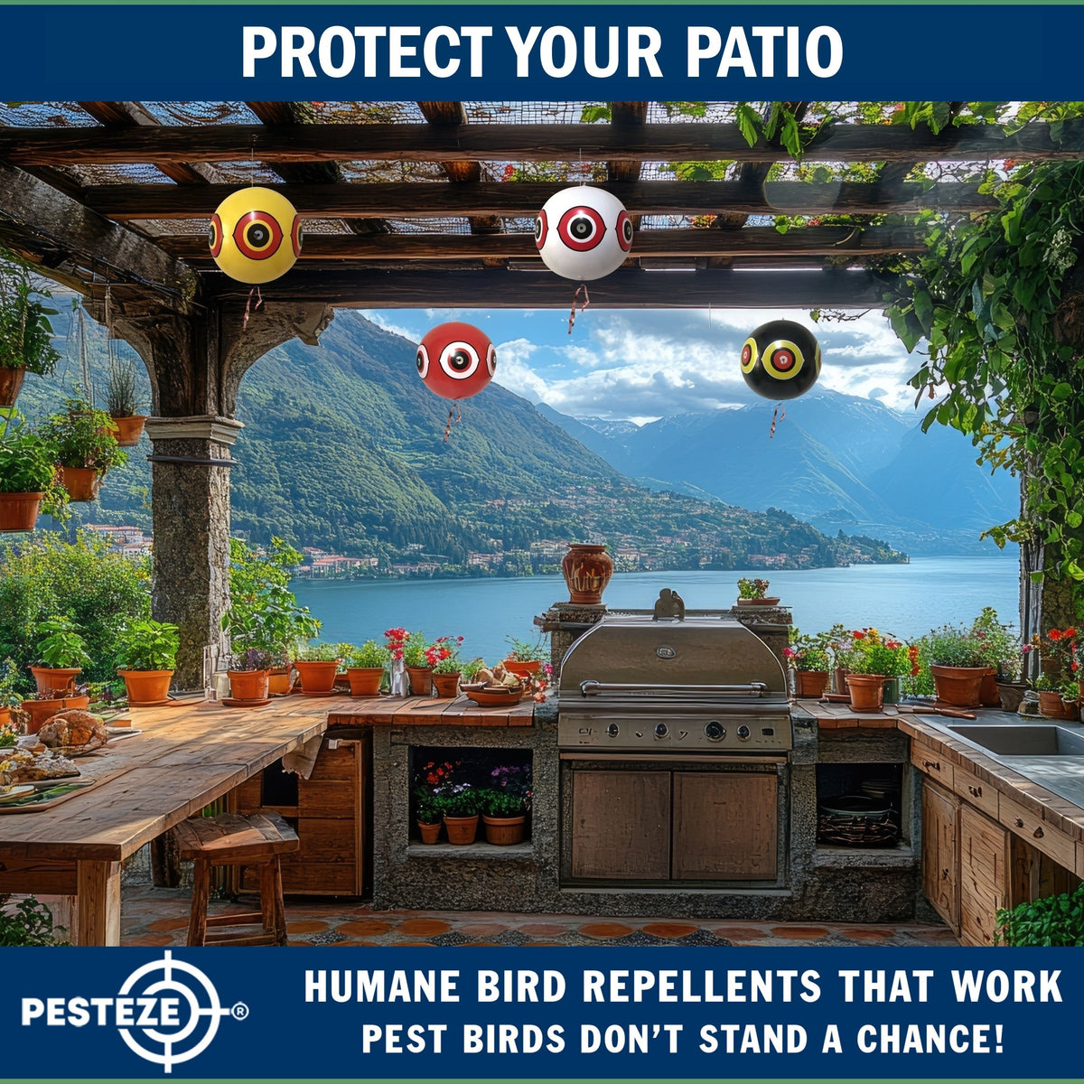 PESTEZE® USA Large 15" Black & White Bird Predator-Eye Balloon Repellents [2 Pack Multi-Color] Deters Unwanted Pest Birds like Ducks Pigeons, Gulls, Geese & Critters from Pools & Yards Without Harming them to Protect Property