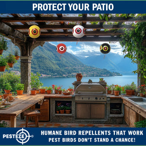 PESTEZE® Large 15" Yellow & Red, Bird Scare-Eye Balloon Repellents [2 Pack Multi-Color] Deters Unwanted Pest Birds like Ducks Pigeons, Gulls, Geese & Critters from Pools & Yards Without Harming Them To Protect Property