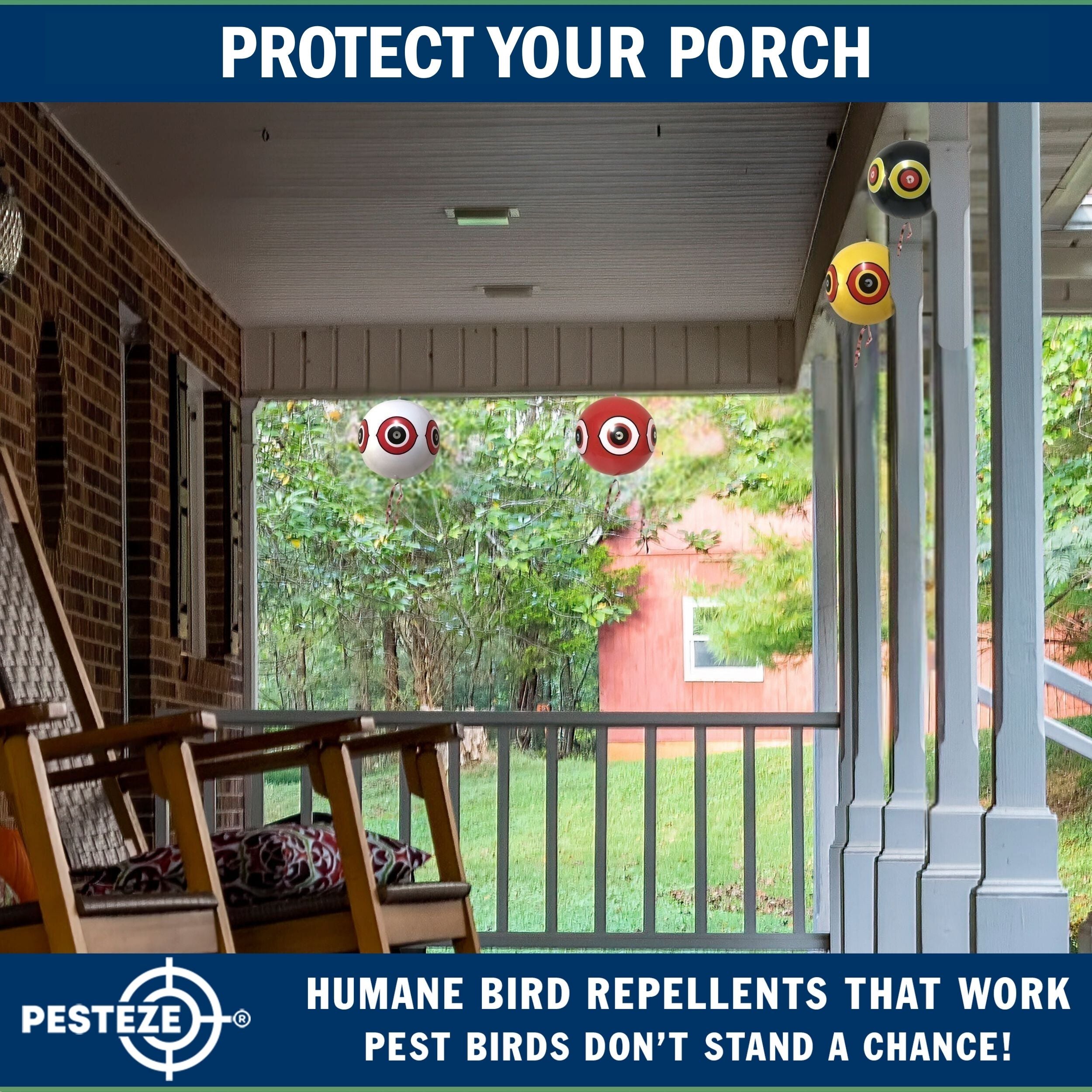 PESTEZE® USA Large 15" Red & White Bird Predator-Eye Balloon Repellents [2 Pack Multi-Color] Deters Unwanted Pest Birds like Ducks Pigeons, Gulls, Geese & Critters from Pools & Yards Without Harming them to Protect Property