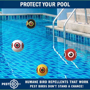 PESTEZE® Large 15" Yellow & Red, Bird Scare-Eye Balloon Repellents [2 Pack Multi-Color] Deters Unwanted Pest Birds like Ducks Pigeons, Gulls, Geese & Critters from Pools & Yards Without Harming Them To Protect Property