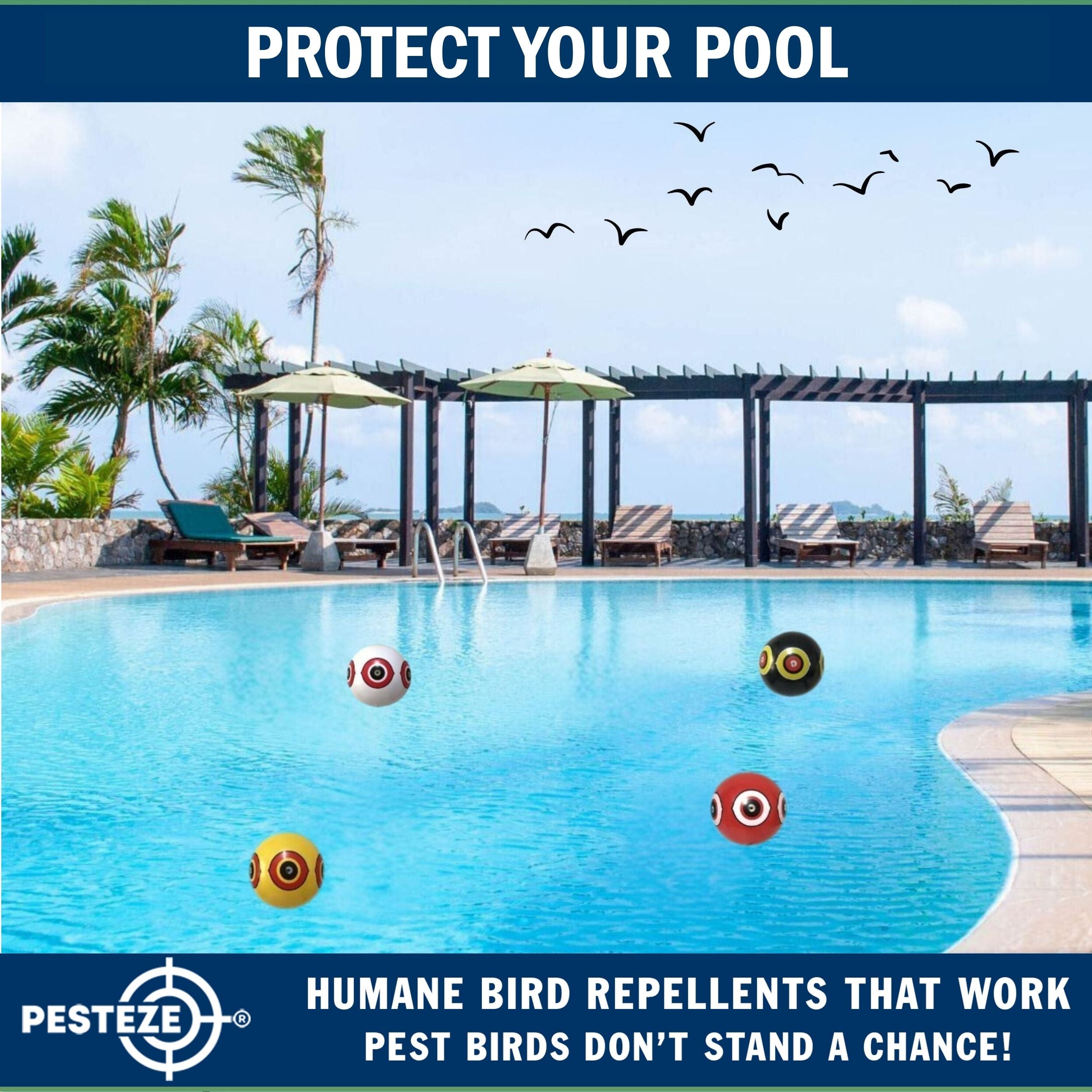 PESTEZE® USA Large 15" Yellow & Red, Bird Predator-Eye Balloon Repellents [2 Pack Multi-Color] Deters Unwanted Pest Birds like Ducks Pigeons, Gulls, Geese & Critters from Pools & Yards Without Harming Them To Protect Property