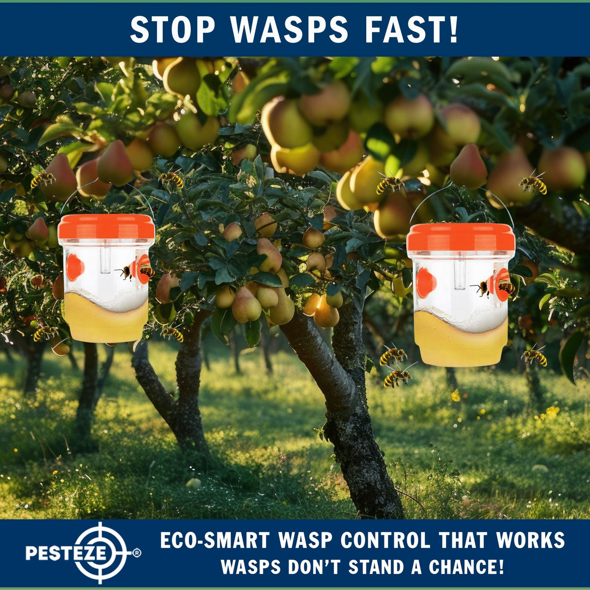 PESTEZE® USA Reusable Solar Hanging Wasp Trap with LED Light [Orange: 3.5 x 4.4 Inch] Attracts, & Kills Wasp, Hornet, Yellow Jacket & Insect Species 24/7 Without Harsh Chemicals Waterproof Outdoor Trap