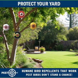 PESTEZE® Large 15" Yellow & Red, Bird Scare-Eye Balloon Repellents [2 Pack Multi-Color] Deters Unwanted Pest Birds like Ducks Pigeons, Gulls, Geese & Critters from Pools & Yards Without Harming Them To Protect Property