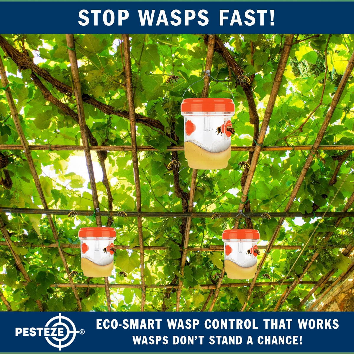 PESTEZE® USA Reusable Solar Hanging Wasp Trap with LED Light [Orange: 3.5 x 4.4 Inch] Attracts, & Kills Wasp, Hornet, Yellow Jacket & Insect Species 24/7 Without Harsh Chemicals Waterproof Outdoor Trap