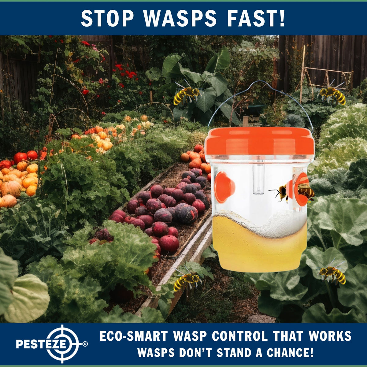 PESTEZE® USA Reusable Solar Hanging Wasp Trap with LED Light [Orange: 3.5 x 4.4 Inch] Attracts, & Kills Wasp, Hornet, Yellow Jacket & Insect Species 24/7 Without Harsh Chemicals Waterproof Outdoor Trap