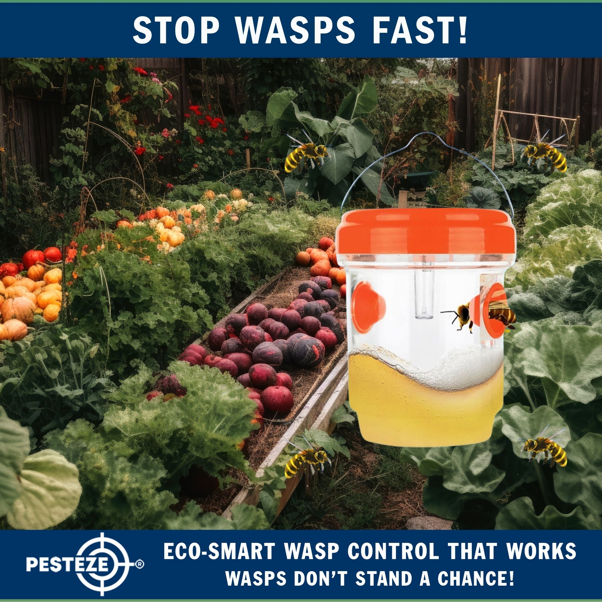 2 Pack PESTEZE® Reusable Solar Hanging Wasp Trap with LED Light [Orange: 3.5 X 4.4 Inch] Attracts, Catches & Kills Wasp, Hornet, Yellow Jacket & Insect Species 24/7 without Harsh Chemicals. Waterproof