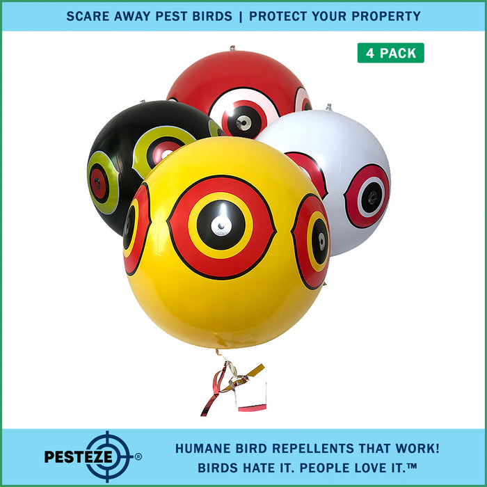 PESTEZE® Large 15" Yellow, Red, White & Black Bird Scare-Eye Balloon Deterrents [4 Pack Multi-Color] Repels Unwanted Pest Birds like Pigeons, Gulls, Geese & Critters from Pools & Yards Without Harming Them To Protect Property