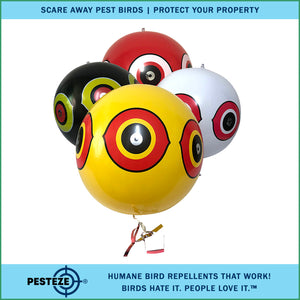 PESTEZE® Large 15" Yellow, Red, White & Black Bird Scare-Eye Balloon Deterrents [4 Pack Multi-Color] Repels Unwanted Pest Birds like Pigeons, Gulls, Geese & Critters from Pools & Yards Without Harming Them To Protect Property