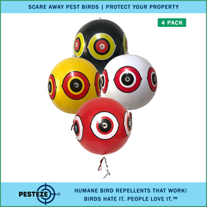 PESTEZE® Large 15" Yellow, Red, White & Black Bird Scare-Eye Balloon Deterrents [4 Pack Multi-Color] Repels Unwanted Pest Birds like Pigeons, Gulls, Geese & Critters from Pools & Yards Without Harming Them To Protect Property