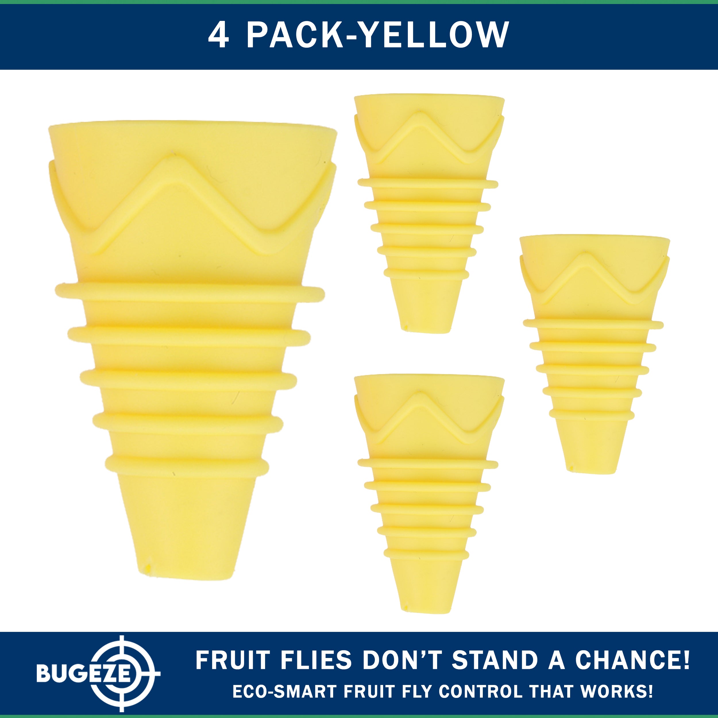 BUGEZE® USA Reusable Fruit Fly Trap for Indoors – Natural Bottle Top Gnat Trap for Kitchen & Home, Durable Indoor Fruit Fly Catcher for Counters, Pantry & Sink Areas [4 Pack Yellow]