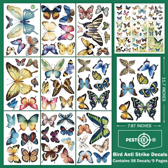 PESTEZE® Colorful Butterflies Anti Strike Static Cling Decals for Windows to Prevent Wild Bird Collisions [58 Decals/9 Pages] Bird Alert Window Decals Save Birds from Window Strikes & Help them Soar