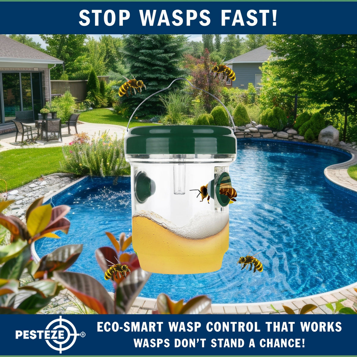 PESTEZE® USA Reusable Solar Hanging Wasp Trap with LED Light [Green: 3.5 x 4.4 Inch] Attracts, & Kills Wasp, Hornet, Yellow Jacket & Insect Species 24/7 Without Harsh Chemicals– Waterproof Outdoor Trap