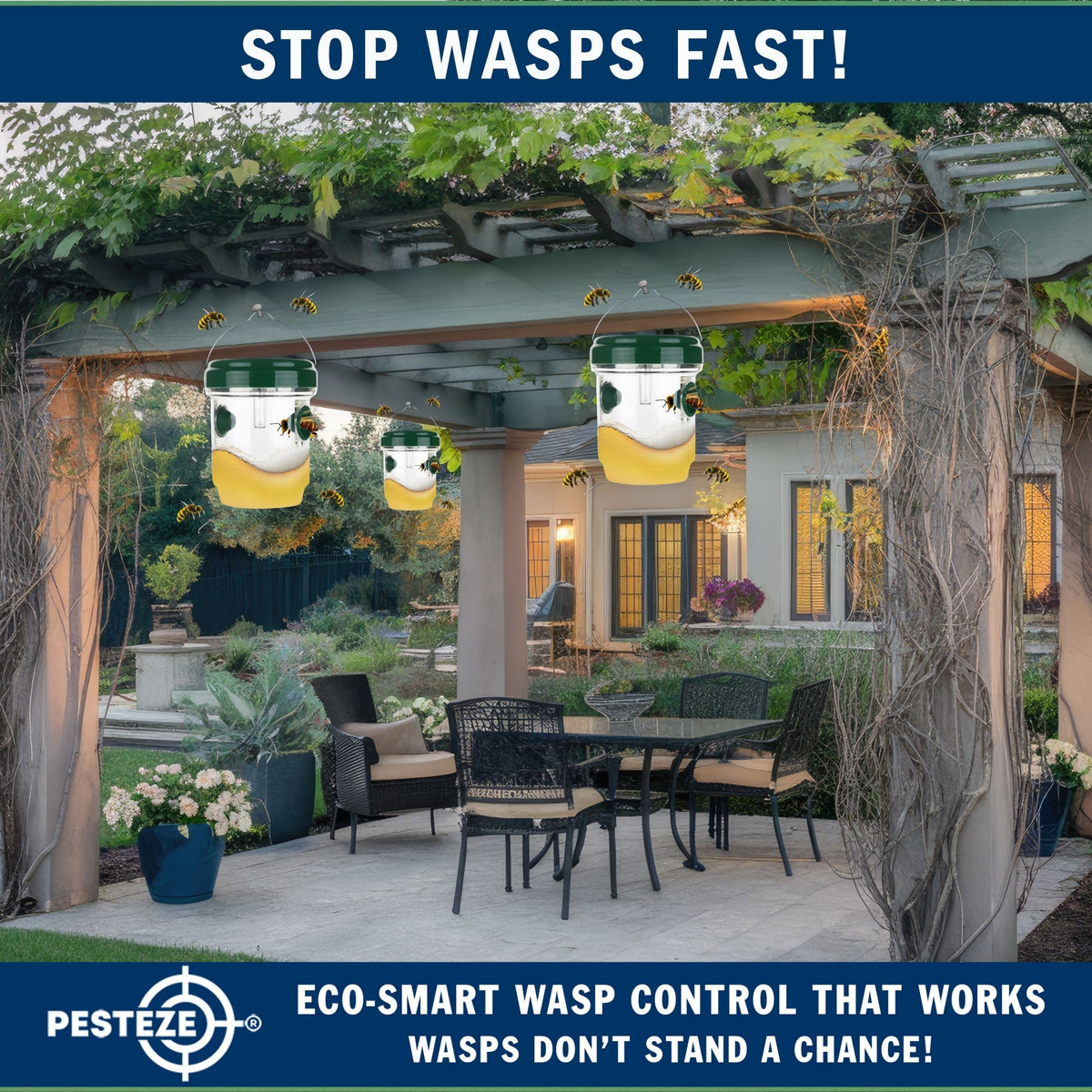 PESTEZE® USA Reusable Solar Hanging Wasp Trap with LED Light [Green: 3.5 x 4.4 Inch] Attracts, & Kills Wasp, Hornet, Yellow Jacket & Insect Species 24/7 Without Harsh Chemicals– Waterproof Outdoor Trap